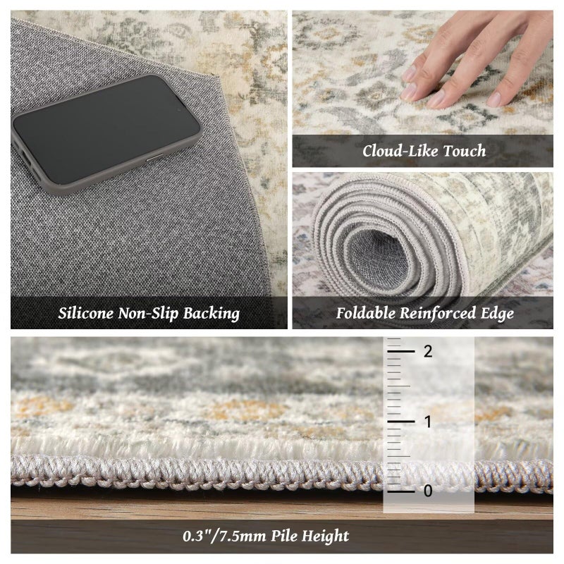 Hedwior Washable 9x12 Area Rugs for Living Room, Boho Non-Slip Vintage Distress Lager Rugs for Bedroom Dining Room Nursery Office, 0.3" Neutral Oriental Throw Thin Carpet, Grey/Beige/Orange/Multi - Image 5