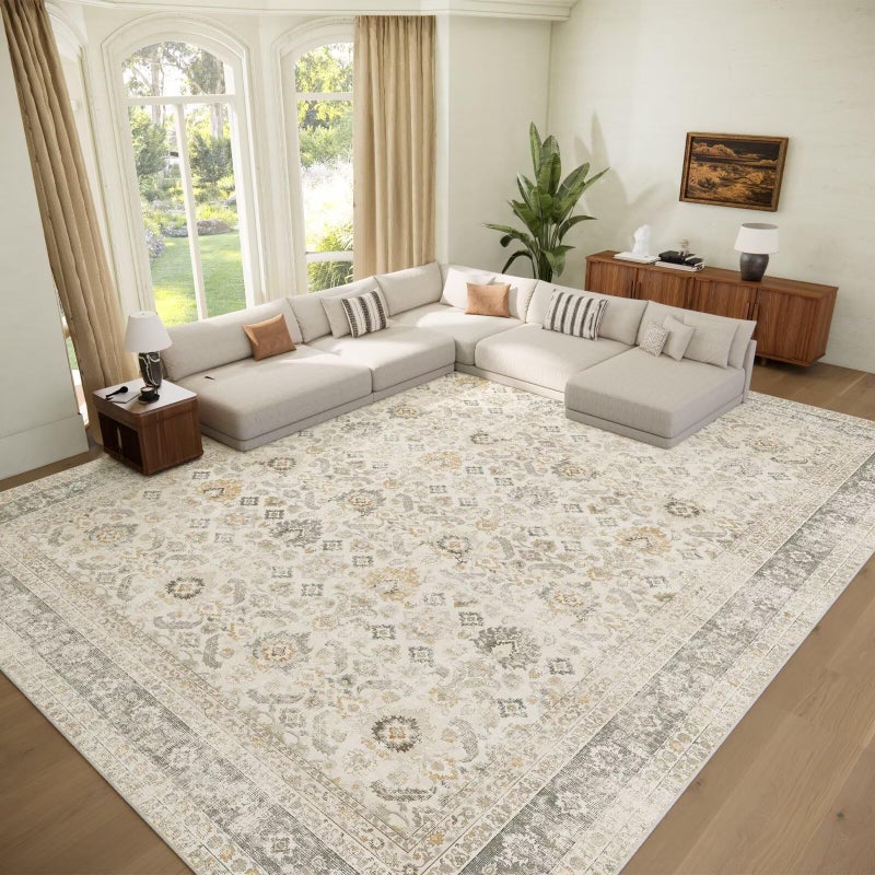 Hedwior Washable 9x12 Area Rugs for Living Room, Boho Non-Slip Vintage Distress Lager Rugs for Bedroom Dining Room Nursery Office, 0.3" Neutral Oriental Throw Thin Carpet, Grey/Beige/Orange/Multi - Image 1
