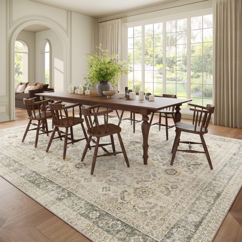 Hedwior Washable 9x12 Area Rugs for Living Room, Boho Non-Slip Vintage Distress Lager Rugs for Bedroom Dining Room Nursery Office, 0.3" Neutral Oriental Throw Thin Carpet, Grey/Beige/Orange/Multi - Image 3