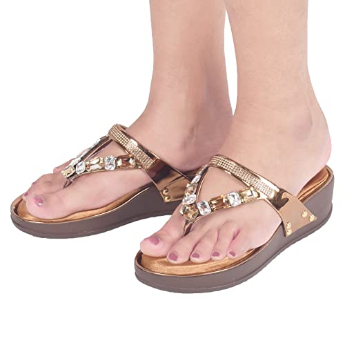 XE Looks Women's Copper Wedge Slippers | Golden Stone-Embellished Design | Comfortable Lightweight Sole | Stylish Cushioned Platform Slippers For Girls & Women - Image 2