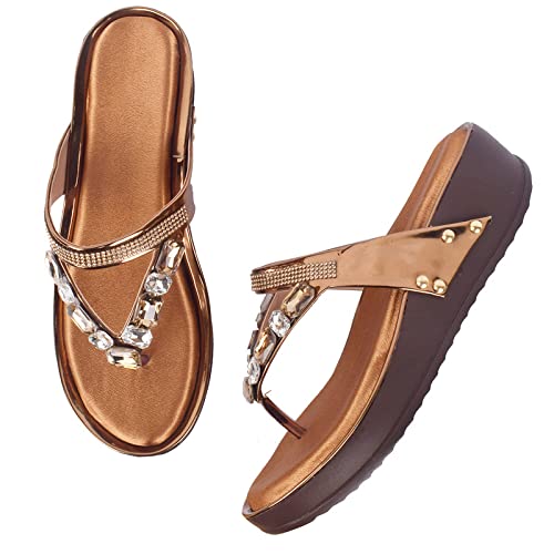 XE Looks Women's Copper Wedge Slippers | Golden Stone-Embellished Design | Comfortable Lightweight Sole | Stylish Cushioned Platform Slippers For Girls & Women - Image 1