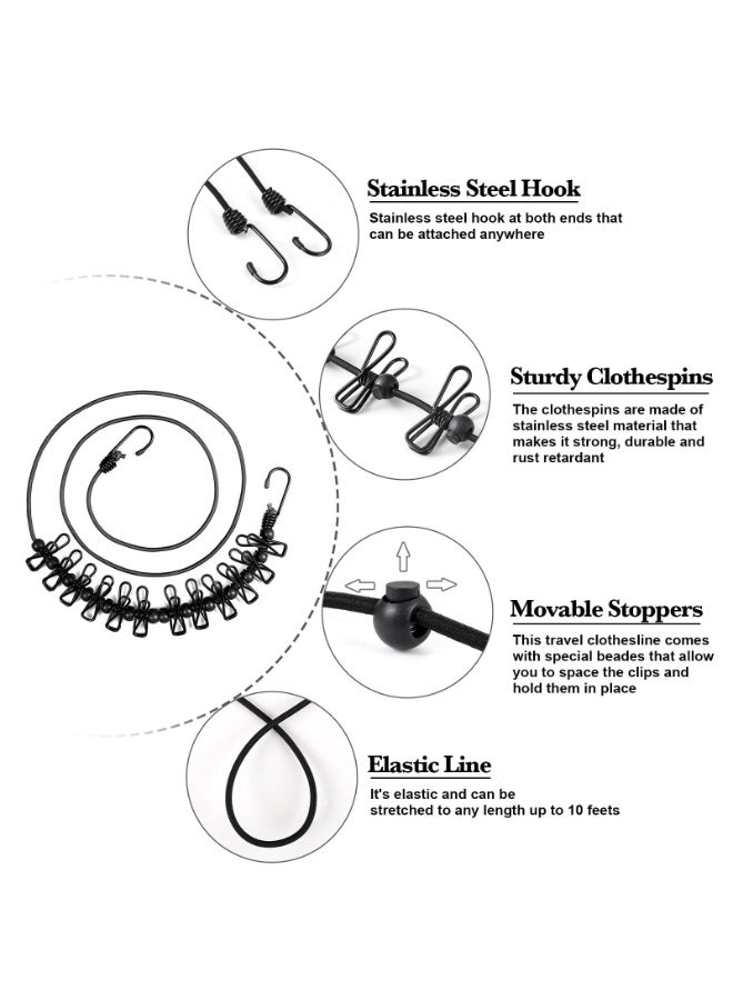 خط ملابس السفر المحمولة ، خط ملابس السفر المرنة القابلة للتعديل ، مع 12 مقاطع ، مناسبة للاستخدام في الهواء الطلق والداخل (أسود) - Image 2