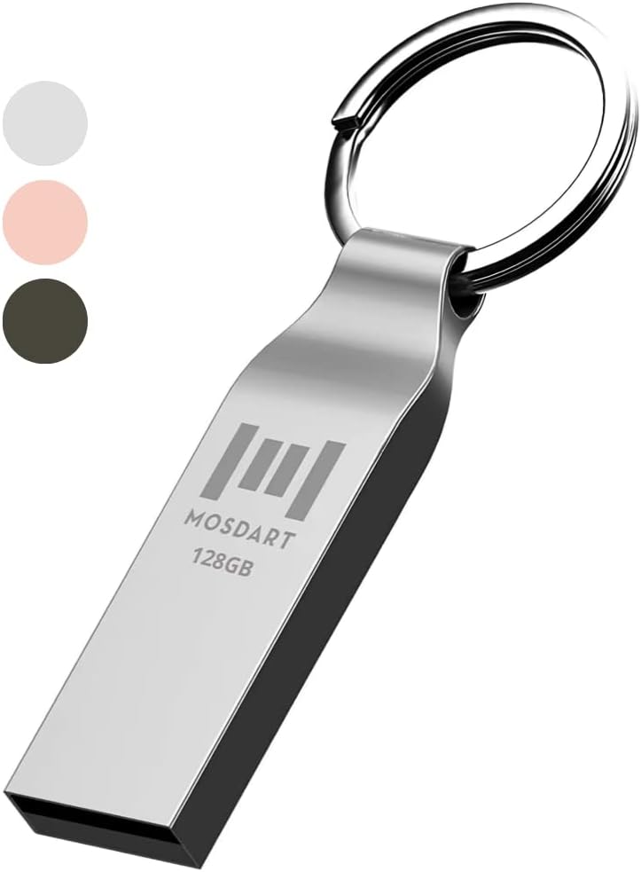 موس دارت محرك أقراص فلاش MOSDART مقاوم للماء بسعة 128GB USB2.0، بتنسيق exFAT، عصا ذاكرة معدنية مع سلسلة مفاتيح، للنسخ الاحتياطي للنظام وتخزين البيانات، فضي - Image 1