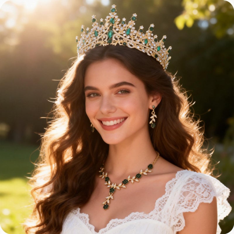Kamirola Wedding Tiaras and Crowns for Women,Tiaras Earrings Necklace, Crystal Bridal Jewelry Set for Birthday Prom Pageant Party (Gold Green) - Image 2