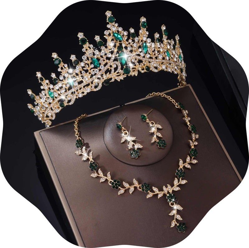 Kamirola Wedding Tiaras and Crowns for Women,Tiaras Earrings Necklace, Crystal Bridal Jewelry Set for Birthday Prom Pageant Party (Gold Green) - Image 1