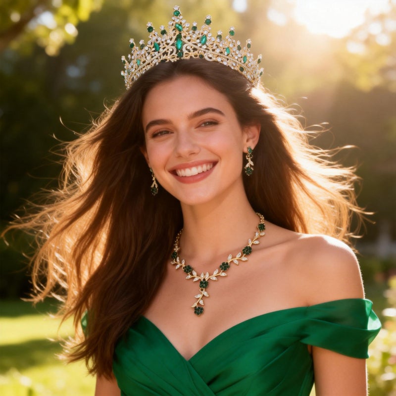 Kamirola Wedding Tiaras and Crowns for Women,Tiaras Earrings Necklace, Crystal Bridal Jewelry Set for Birthday Prom Pageant Party (Gold Green) - Image 4