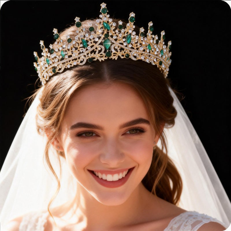 Kamirola Wedding Tiaras and Crowns for Women,Tiaras Earrings Necklace, Crystal Bridal Jewelry Set for Birthday Prom Pageant Party (Gold Green) - Image 5