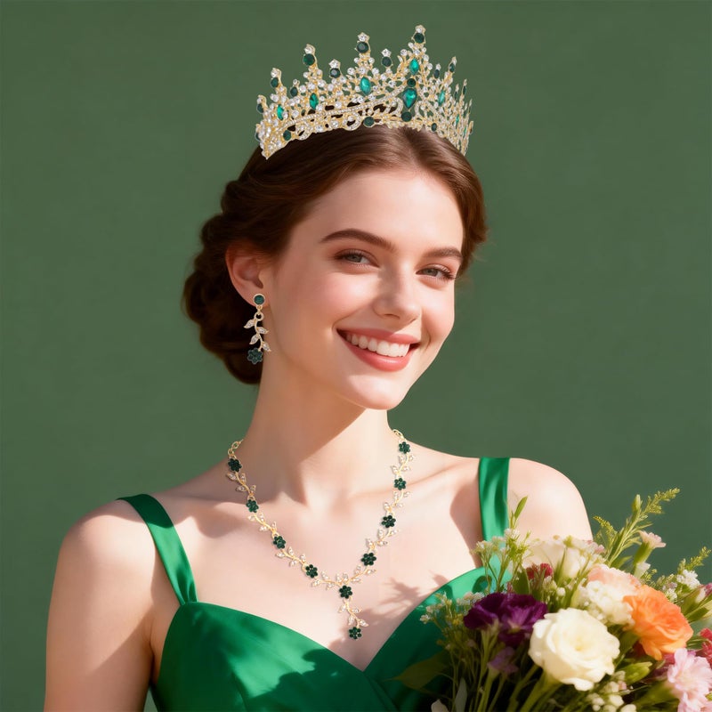Kamirola Wedding Tiaras and Crowns for Women,Tiaras Earrings Necklace, Crystal Bridal Jewelry Set for Birthday Prom Pageant Party (Gold Green) - Image 3