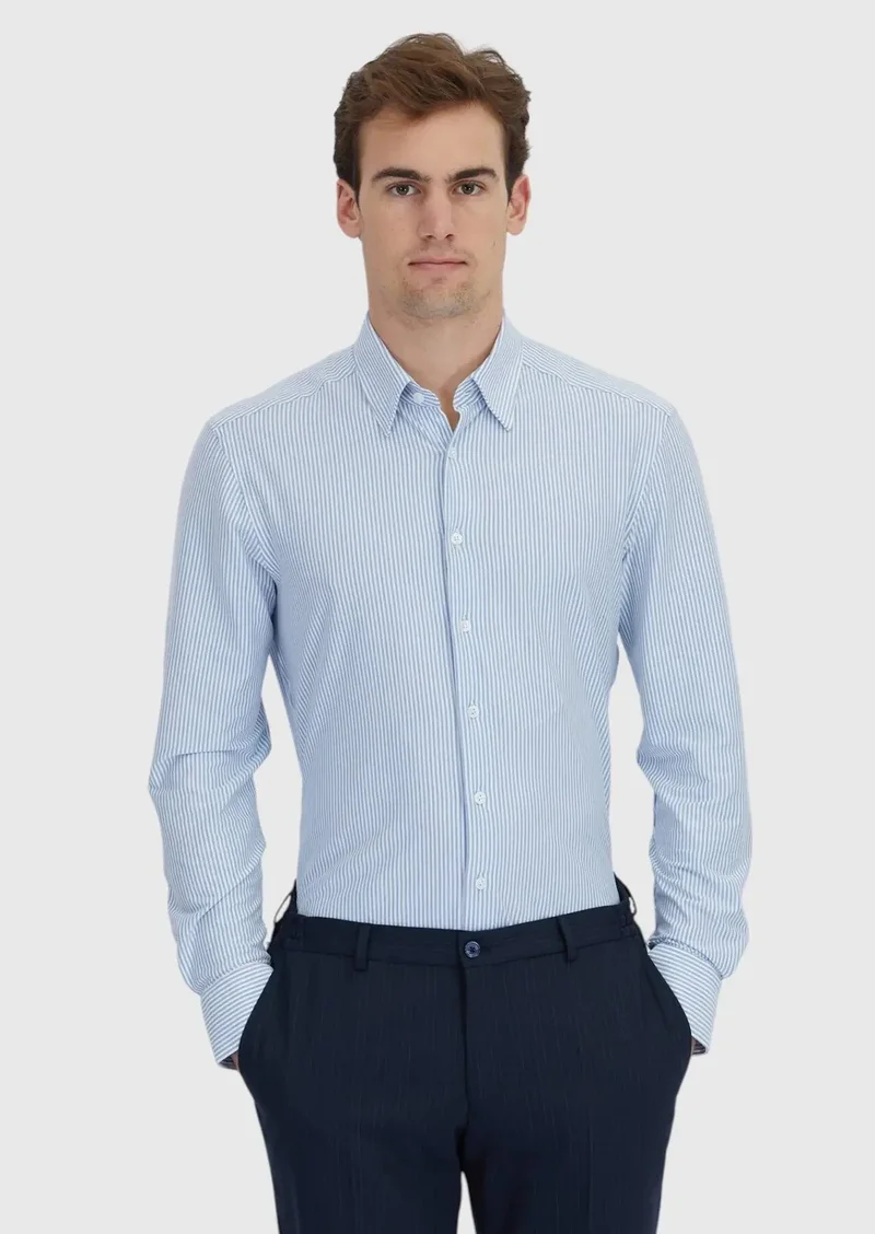 رامسي قميص قطني كلاسيكي محبوك مخطط باللون الأزرق الفاتح، بقصة عادية