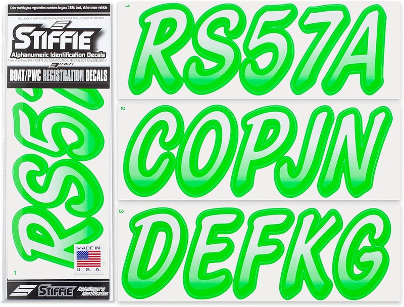 Stiffie Whipline White/Electric Green 3" Boat & PWC Registration Decals • Numbers Letters Stickers - Image 1