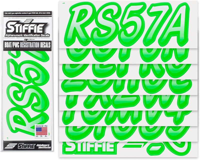 Stiffie Whipline White/Electric Green 3" Boat & PWC Registration Decals • Numbers Letters Stickers - Image 2