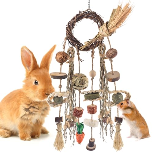 Bissap Bunny Chew Toy Rabbit Cage Hanging Chewing Toy Treat Christmas Grapevine Wreaths Rattan Ring with Snack Water Grass for Guinea Pig Chinchilla Hamster Rat and Other Small Pet Teeth Grinding - Image 1