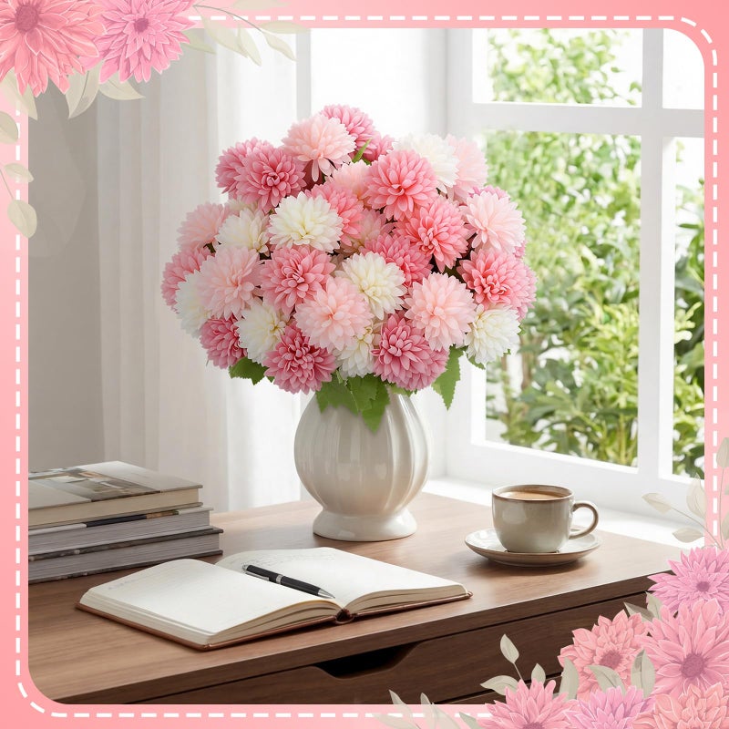 XunYee 12 Pcs Valentines Artificial Flowers for Outdoor Indoor Spring Pink White Faux Flowers Spring Fake Silk Chrysanthemums Bouquet for Vase Table Floral Arrangement Valentines Wedding Home Decor - Image 5