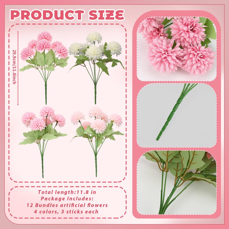 XunYee 12 Pcs Valentines Artificial Flowers for Outdoor Indoor Spring Pink White Faux Flowers Spring Fake Silk Chrysanthemums Bouquet for Vase Table Floral Arrangement Valentines Wedding Home Decor - Image 2