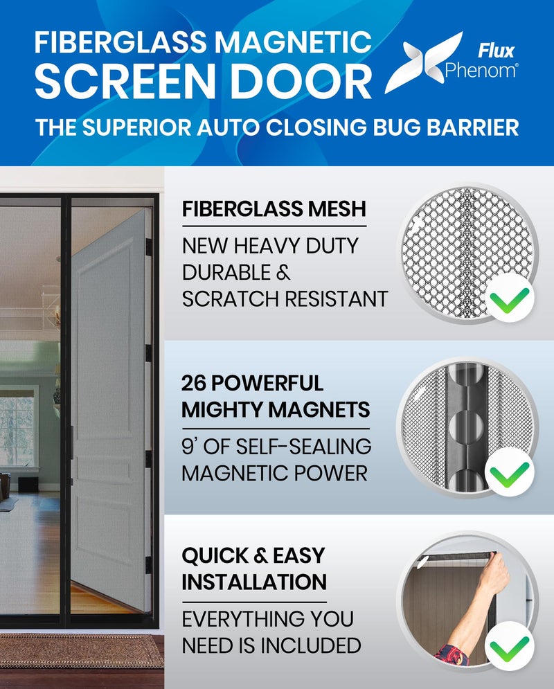 Flux Phenom Magnetic Screen Door - Bugs Out, Breeze in - 9min Install Auto-Sealing Heavy Duty Double Stitched Mesh, 52 Magnets, Hands Free Sliding & Patio Doors Net, Pet & Kid Friendly, 38 x 82 Inch - Image 2