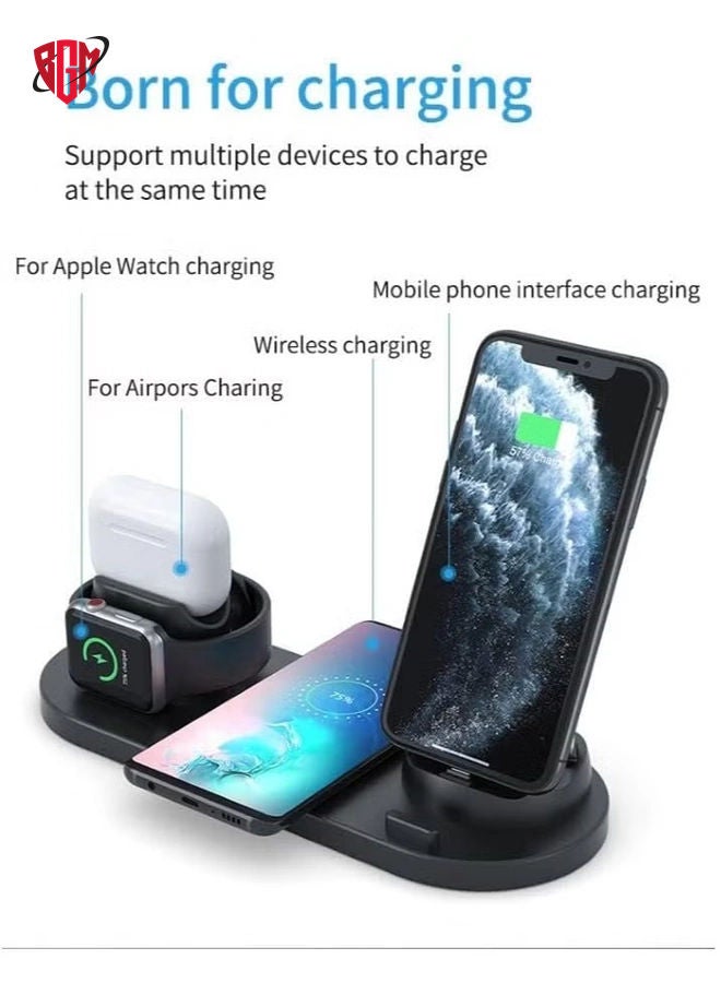 Wireless Phone Charger 6 in 1 Multi-Functional Dock (Black)