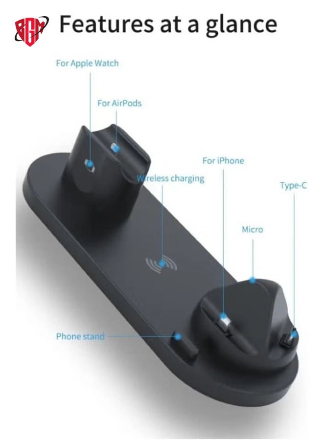 Wireless Phone Charger 6 in 1 Multi-Functional Dock (Black)