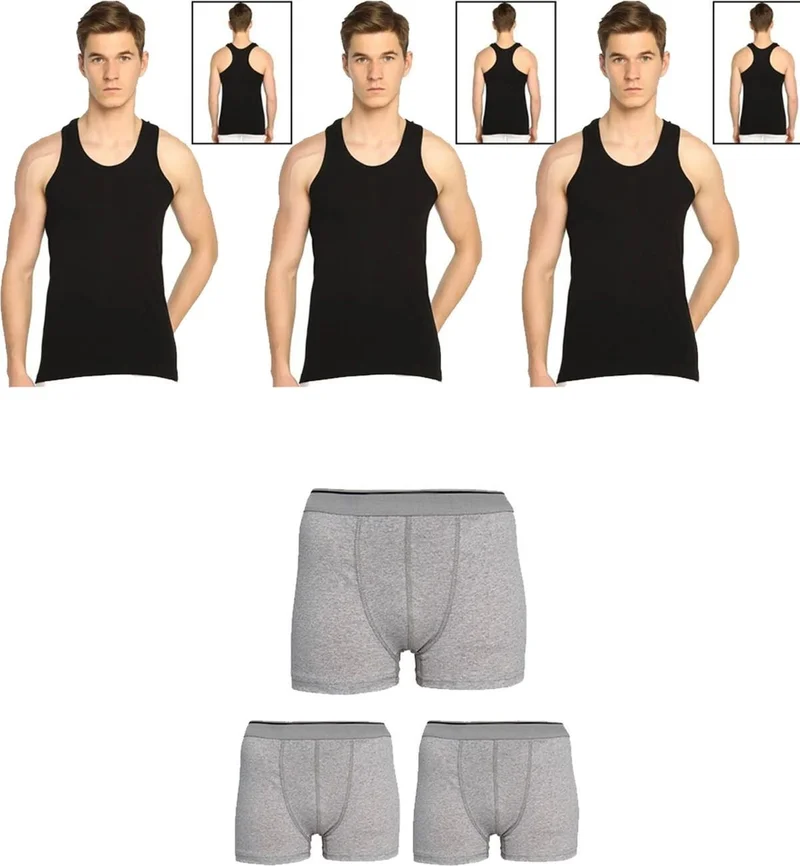 Belifanti Collection Men's Cotton 6-Piece Black Sports Undershirt and 6-Piece Gray Boxer 12 Piece Set