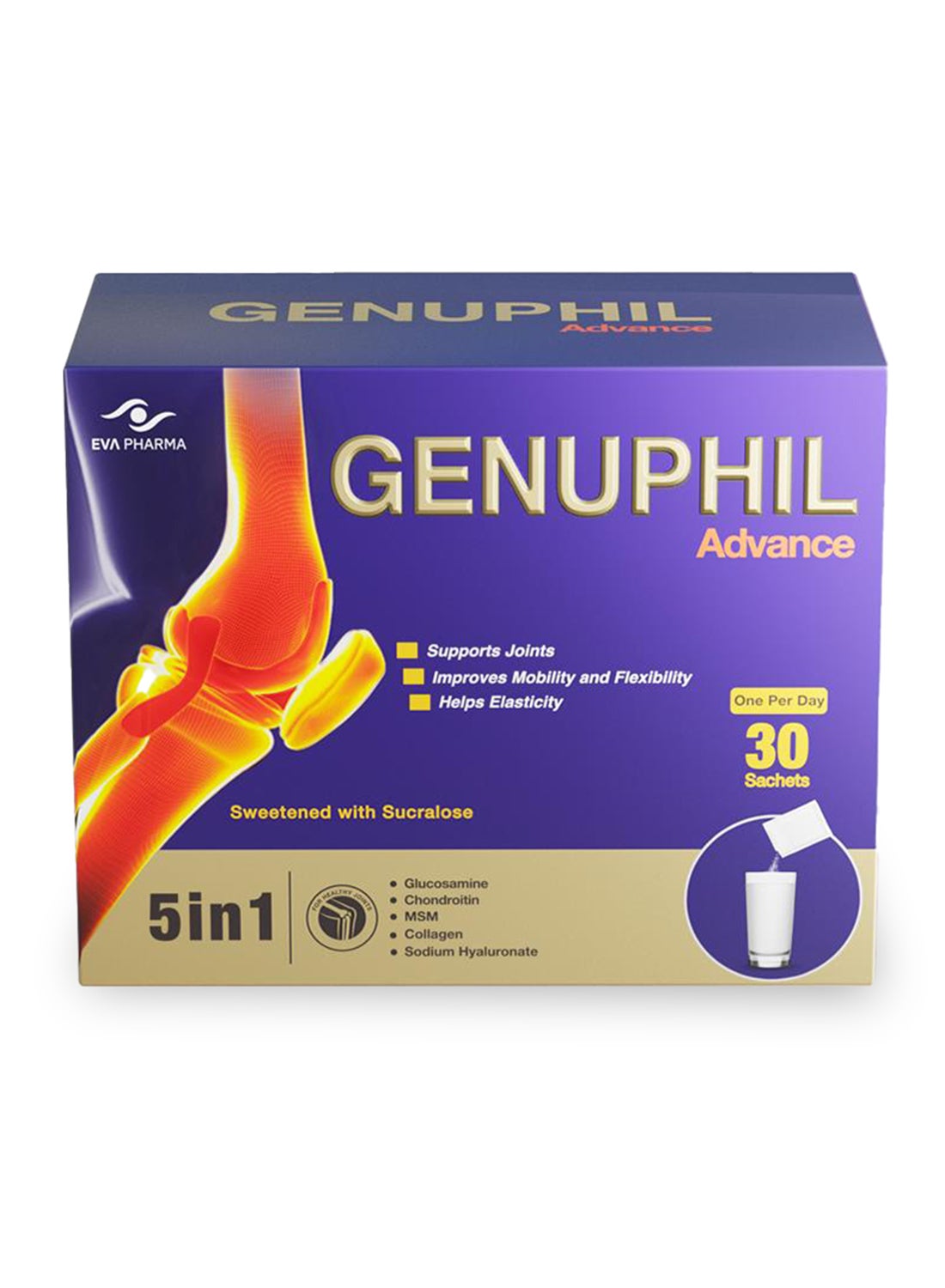 Genuphil Advance 5 In 1 formula, Glucosamine, Collagen, Chondroitin, MSM & Sodium Hyaluronate Supplement 30-Sachets – for enhanced joint performance & joint pain relief.