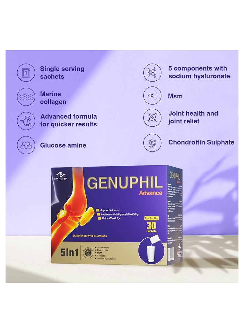 EVA PHARMA Genuphil Advance 5 In 1 formula, Glucosamine, Collagen, Chondroitin, MSM & Sodium Hyaluronate Supplement 30-Sachets – for enhanced joint performance & joint pain relief. - Image 3