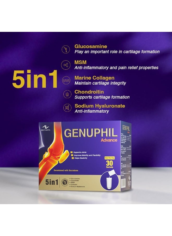 EVA PHARMA - جينوفيل أدفانس 5 في 1 مكمل الجلوكوزامين والكولاجين والكوندرويتين وميثيل سلفونيل وهيالورونات الصوديوم 30 كيسًا - Image 1