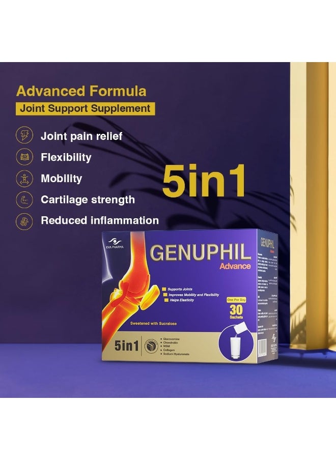 EVA PHARMA - جينوفيل أدفانس 5 في 1 مكمل الجلوكوزامين والكولاجين والكوندرويتين وميثيل سلفونيل وهيالورونات الصوديوم 30 كيسًا - Image 1