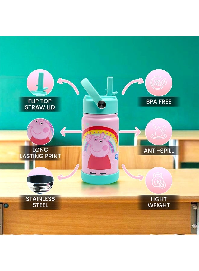 Bamboo Bark Peppa Pig Insulated Water Bottle with Straw & Handle – Stainless Steel Double Wall Thermos Flask for Hot & Cold Water, Leak-Proof & Reusable Kids Water Bottle (Peppa Pig (Pink)) - Image 2