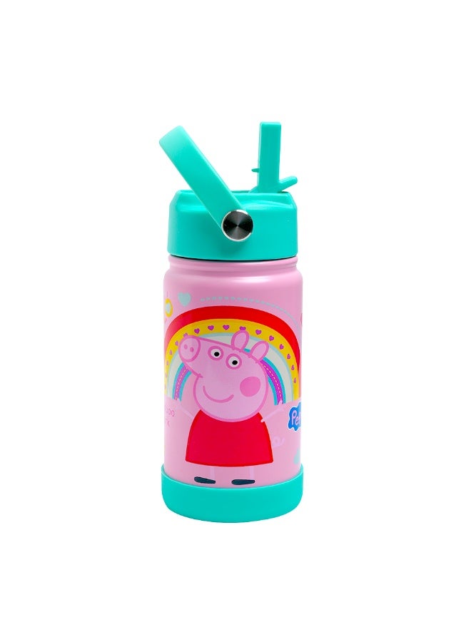 Bamboo Bark Peppa Pig Insulated Water Bottle with Straw & Handle – Stainless Steel Double Wall Thermos Flask for Hot & Cold Water, Leak-Proof & Reusable Kids Water Bottle (Peppa Pig (Pink)) - Image 1