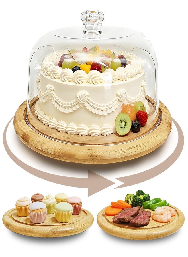 Pesilo Bamboo Cake Stand with Dome Lid, 12in Rotating Wood Cake Holder Round Cake Plate, 2-in-1 Wooden Serving Platter Charcuterie Board Dessert Table Display Set for Birthday Wedding Party Kitchen - Image 1