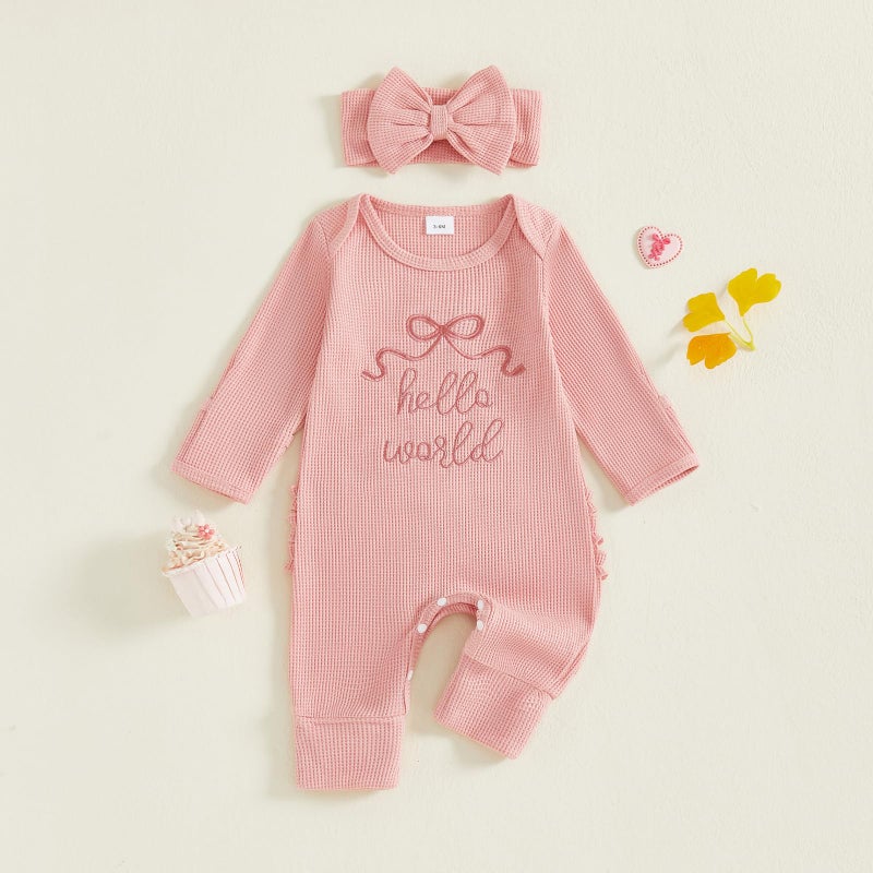 Socutebabe Baby Girl Winter Clothes Newborn Going Coming Home Outfit Ruffle Mitten Sweater Romper Cute Knitted Jumpsuit (Hello World Pink, Newborn) - Image 2