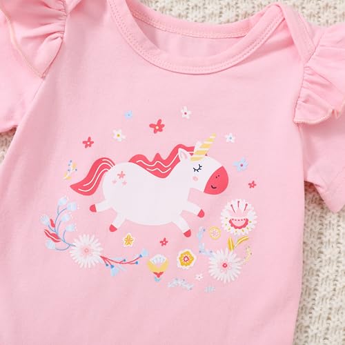 DISAUR Baby Girl Short Sleeve Outfits Pink Adorable Pony Ruffle White Romper Pants Newborn Baby Girl Leave Hospital Outfits - Image 3
