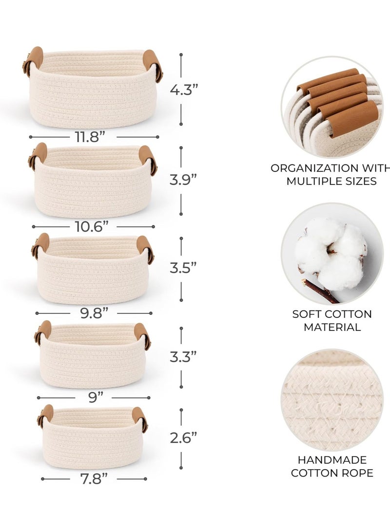 ZAYVA Oval Storage Basket 5 Pieces Set-Natural Cotton Rope Woven Basket, Storage Box for Organizing Small Baskets Dog Toy Basket with Handle, Cat Toy Box, Bathroom Organizer Bucket - Image 2