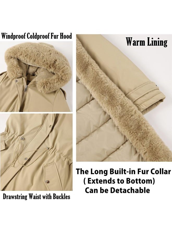 RISISSIDA Puffer Jacket Women Winter Parka Puffy Coat with Long Fur Collar Hooded,Thicken Warm Bubble Overcoat for Deep Cold, Khaki, L - Image 4