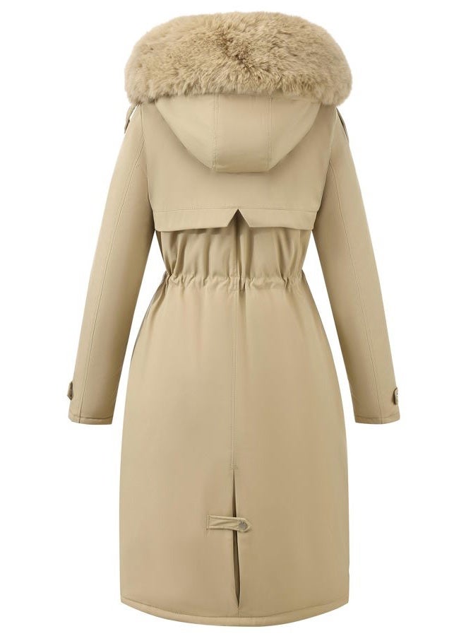 RISISSIDA Puffer Jacket Women Winter Parka Puffy Coat with Long Fur Collar Hooded,Thicken Warm Bubble Overcoat for Deep Cold, Khaki, L - Image 3