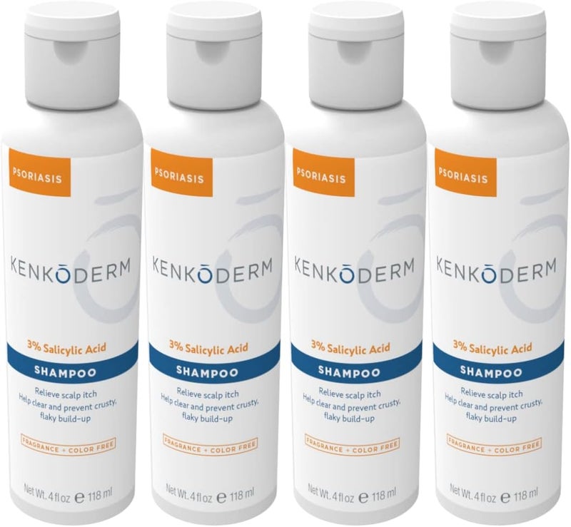 Kenkoderm Psoriasis Shampoo with 3% Salicylic Acid, 4 Oz, 4 Bottles, Therapeutic Seborrheic Dermatitis & Anti Dandruff Shampoo, Dermatologist Developed for Itchy, Dry Scalp, Fragrance & Color Free