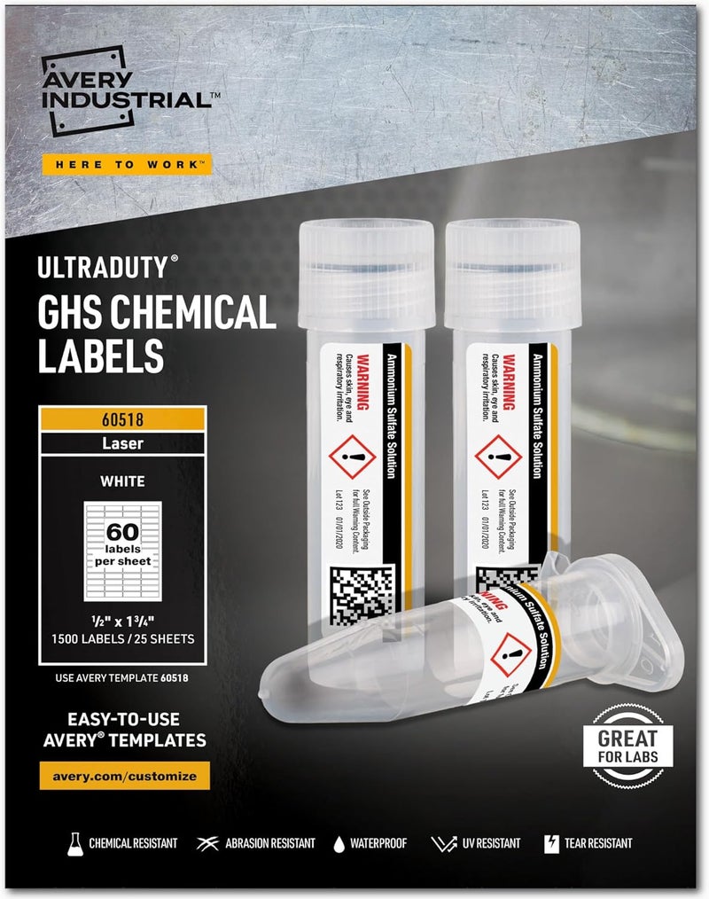 AVERY UltraDuty GHS Chemical Labels for Laser Printers, Waterproof, UV Resistant, 0.5 x 1.75, Pack of 1,500 (60518) - Image 1