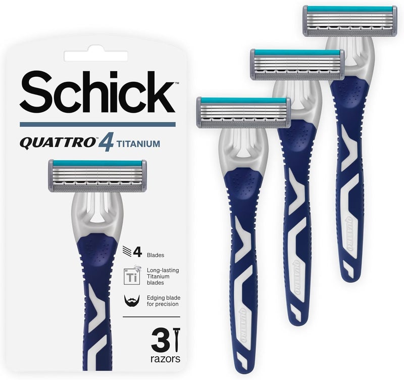 schick شيفك كواترو تيتانيوم 4 شفرات حلاقة قابلة للتخلص للرجال - عبوة 3 مع شرائط ترطيب بالألوة والجو جوبا - Image 1