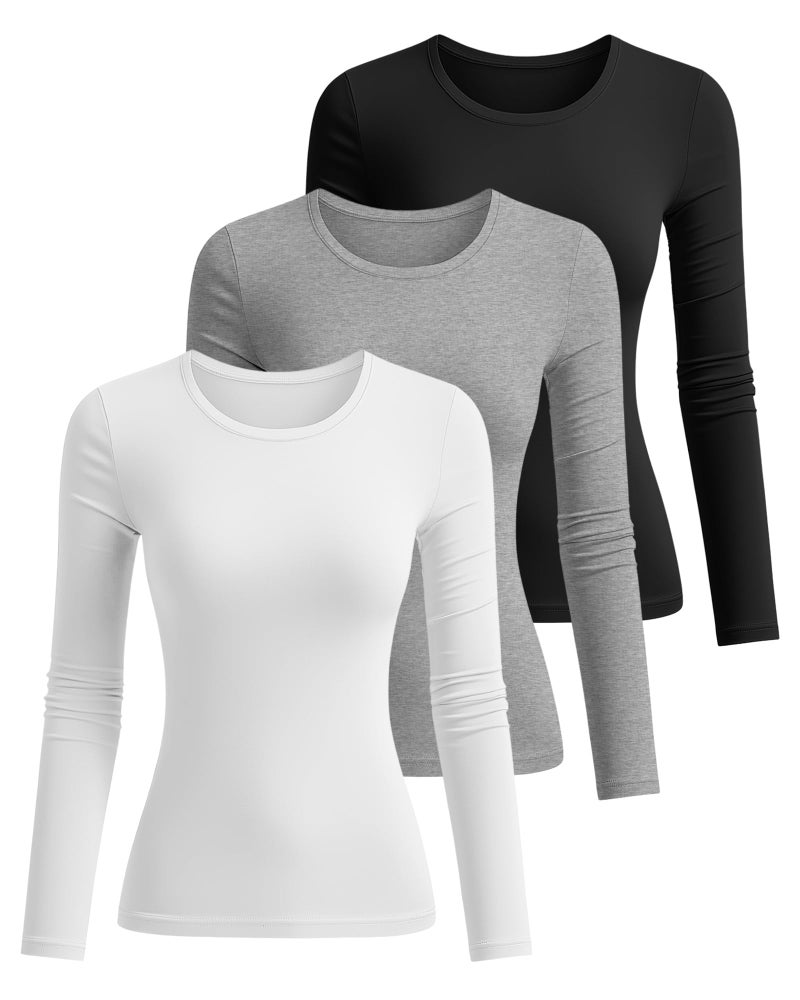 Riyiper 3 Pack Women's Long Sleeve Shirts Cotton Blend Crew Neck Slim Fit Tops Basic Layering Soft Casual Everyday Undershirt(Black, White, Light Gray,Small) - Image 2