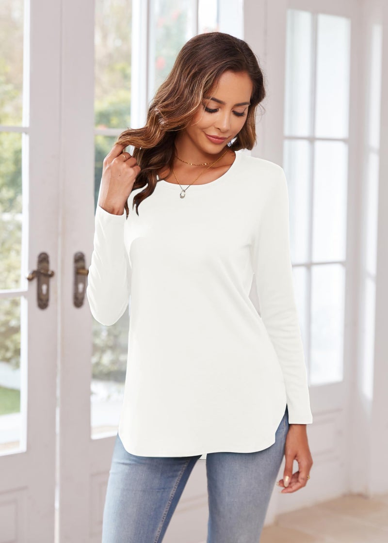 Herou Women Long Sleeve Shirts for Women Petite Cute Crew Neck Soft Side Slit Shirts for Leggings White Large - Image 4