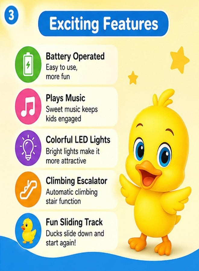Beflix® Ducks Toys for Kids - Ducks Chasing Race Slide Game Set - Small Ducks Stair Climbing Toys for Kids, Escalator Toy with Lights and Music - 3 Duck Included - Image 3