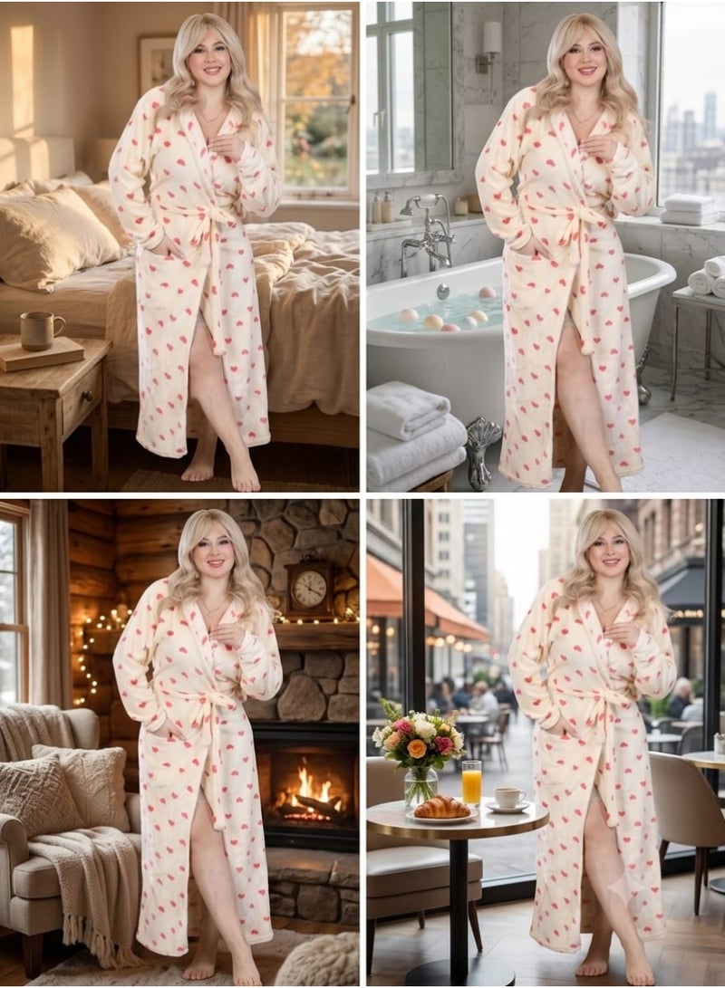 Women's Cozy Winter Plush Long Robe with Heart Print & Belt - Image 4