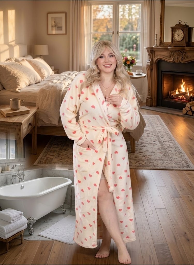Women's Cozy Winter Plush Long Robe with Heart Print & Belt - Image 2
