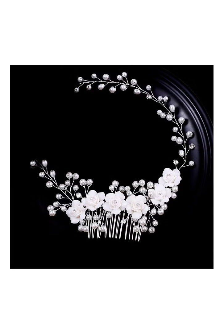 مشط شعر من اللؤلؤ الوردي، قطع شعر للعروس، مشط شعر للعروس، مشط شعر للزفاف، مشبك شعر للزفاف من اللؤلؤ، إكسسوارات شعر الزفاف من أحجار الراين الفضية للعروس ووصيفات العروس والنساء باللون الأبيض - Image 4