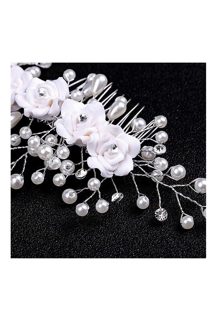 مشط شعر من اللؤلؤ الوردي، قطع شعر للعروس، مشط شعر للعروس، مشط شعر للزفاف، مشبك شعر للزفاف من اللؤلؤ، إكسسوارات شعر الزفاف من أحجار الراين الفضية للعروس ووصيفات العروس والنساء باللون الأبيض - Image 5