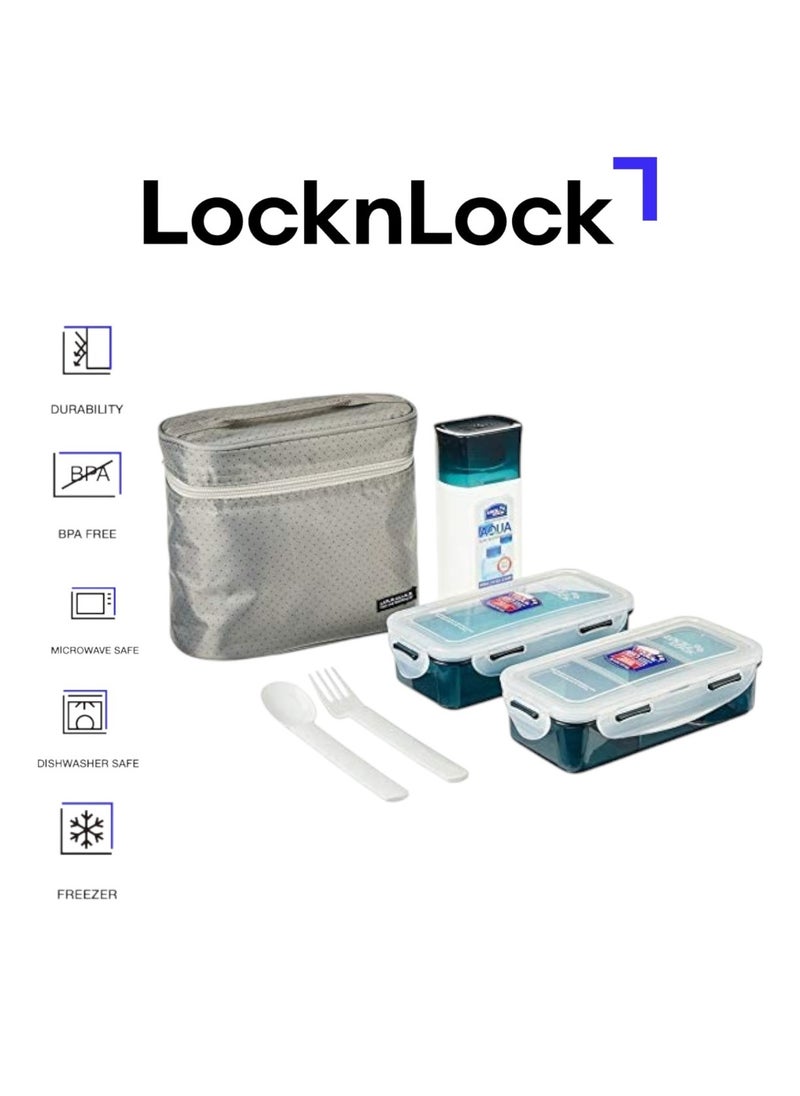LOCK & LOCK LocknLock 3PC Insulated Lunch Bag Set - Grey, Airtight and BPA-Free Containers with Water Bottle  - Image 1