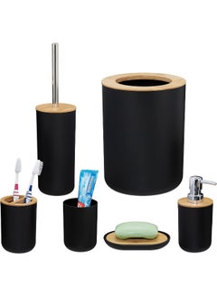 MOMENT Bamboo Wooden Bathroom Accessories Set, 6 Pcs Set Toilet Brush, Soap Dispenser, Waste Bin, Toothbrush Holder, Soap Dish Cup Set Can Be Used Repeatedly Black  - Image 1