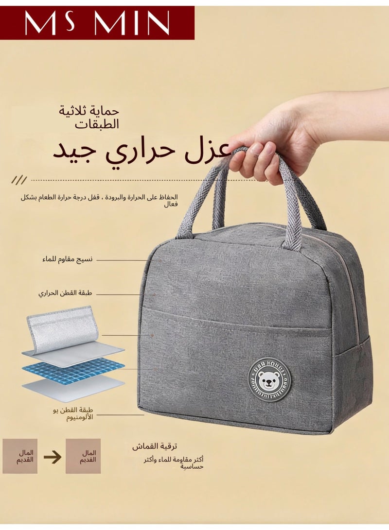 MS MIN Insulated Lunch Bag, Large-Capacity Thermal Cooler Tote with Wide Zipper & Front Pocket, Portable Lunch Box for Office & School, Grey - Image 4