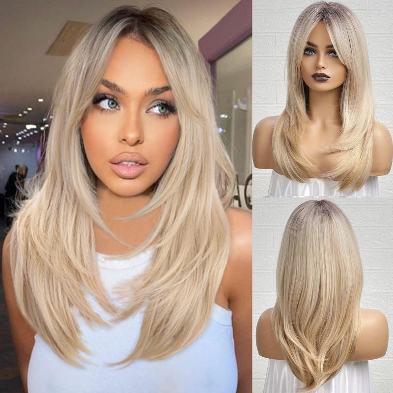 باروكة HAIRCUBE أومبري بلوند مع غرة بطول الكتف باروكة بلوند رمادي جذاب للنساء باروكات طبقية بجذور داكنة باروكات صناعية للحفلات اليومية 24 إنش