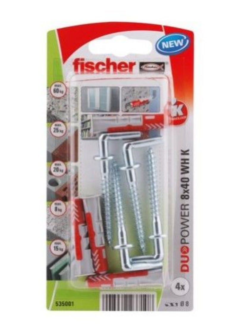 Fischer Universal Plug 8 x 40mm + L Hook 4Pcs DUOPOWER 8X40 WH K NV 535001