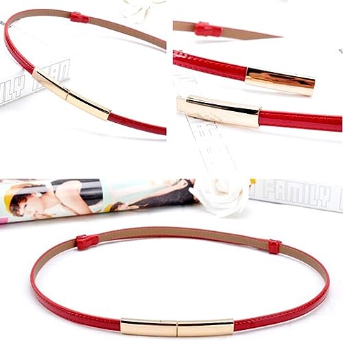 CaserBay Women's Belt Dress Fashion Patent Leather Belts Adjustable 22"- 36" Skinny Slim Belt Genuine Leather Gold Color Buckle Waistband, 2-Pack, Black & Red - Image 2